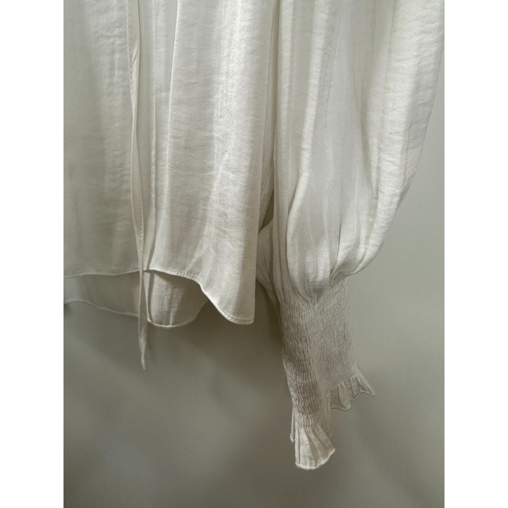 Rebecca Taylor Sateen Tie Neck Smocked Ruffle Cuff Blouse XS Off White Luxury - Picture 6 of 16